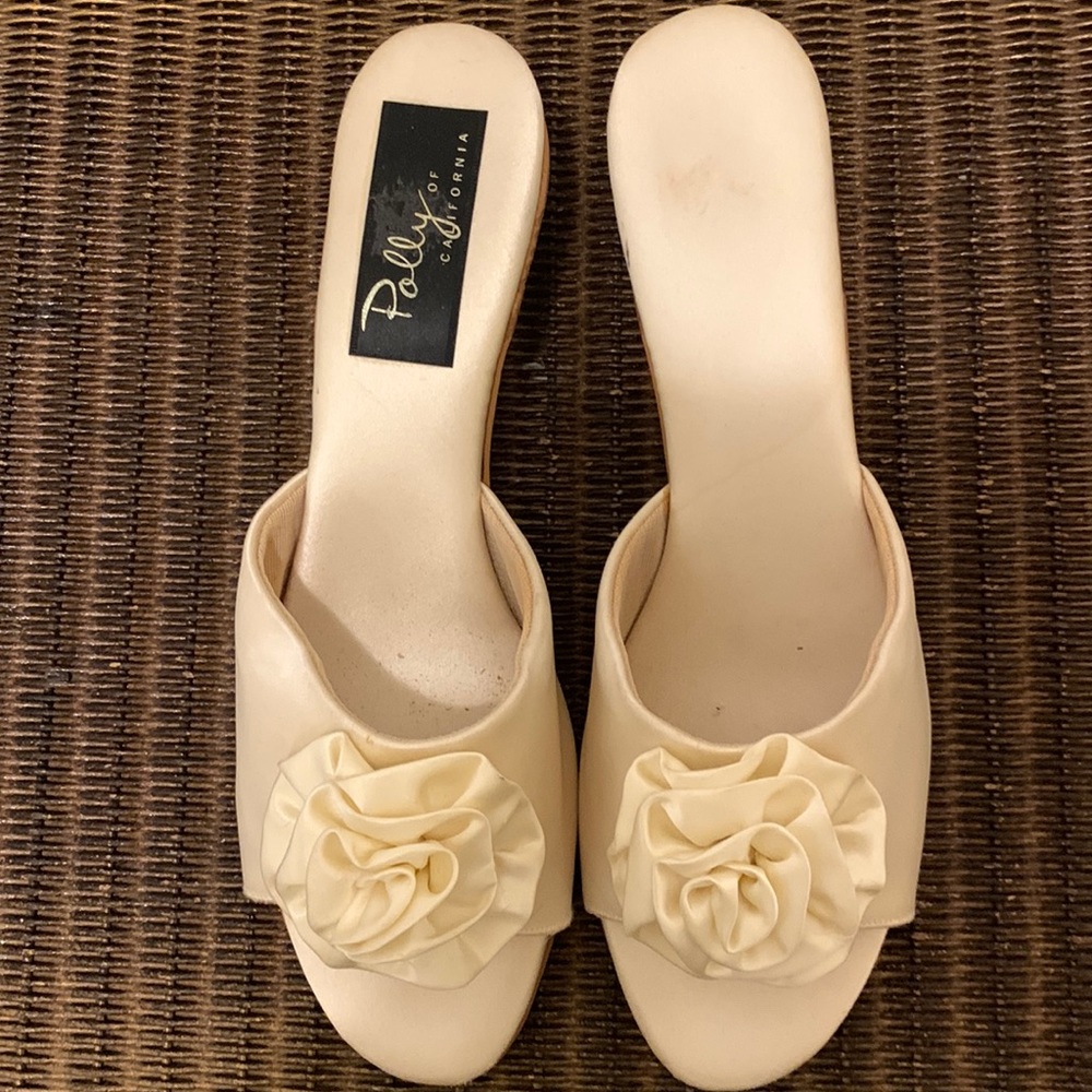 VINTAGE SLIPPERS “POLLY OF CALIFORNIA “-CREME SATIN (USED FOR PROP 1950’S )